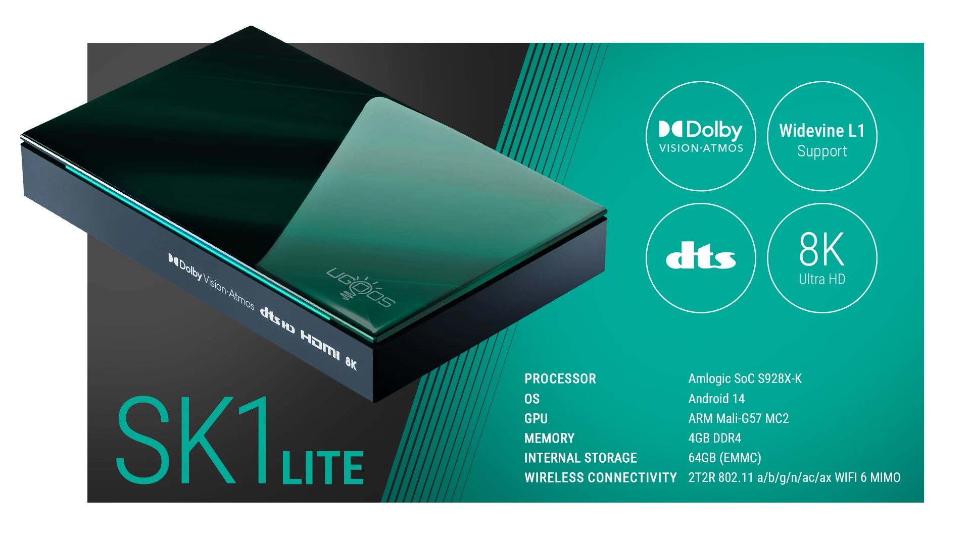 Ugoos SK1 Lite Smart TV Box Android 14 Amlogic S928X-K 4GB 64GB Wifi6 Bluetooth 5.2 1000M Set Top Box Dolby Audio DTS TV Box