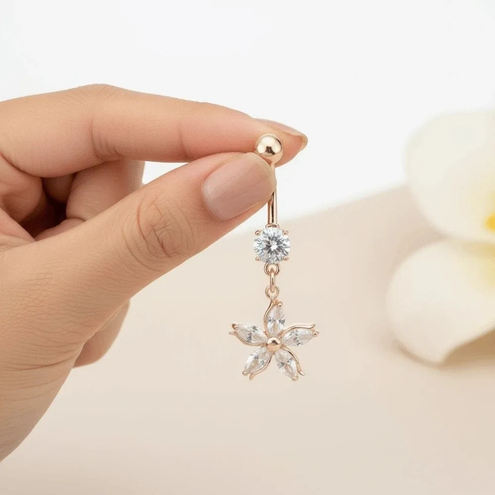 Alloy Rhinestone Piercing Belly Dual Color Shiny Apricot Blossom Navel Jewelry Exquisite Waterproof Flower Rhinestone Belly Ring