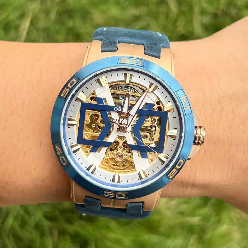 مستطيل الرياضة الهيكل العظمي مضيئة العسكرية التلقائي ساعة ميكانيكية للرجال الصلب حزام من الجلد الياقوت مقاوم للماء UM