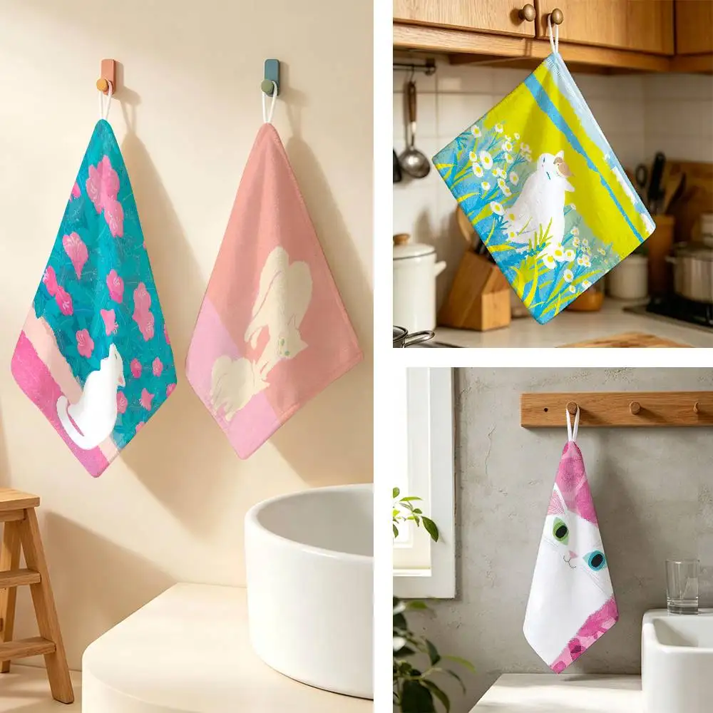 Color Fashion Cat Cute Cartoon Polyester Cotton Hanging Kitchen Towel Skin Friendly Hand Wiping Towel For Hotel Cafe Household