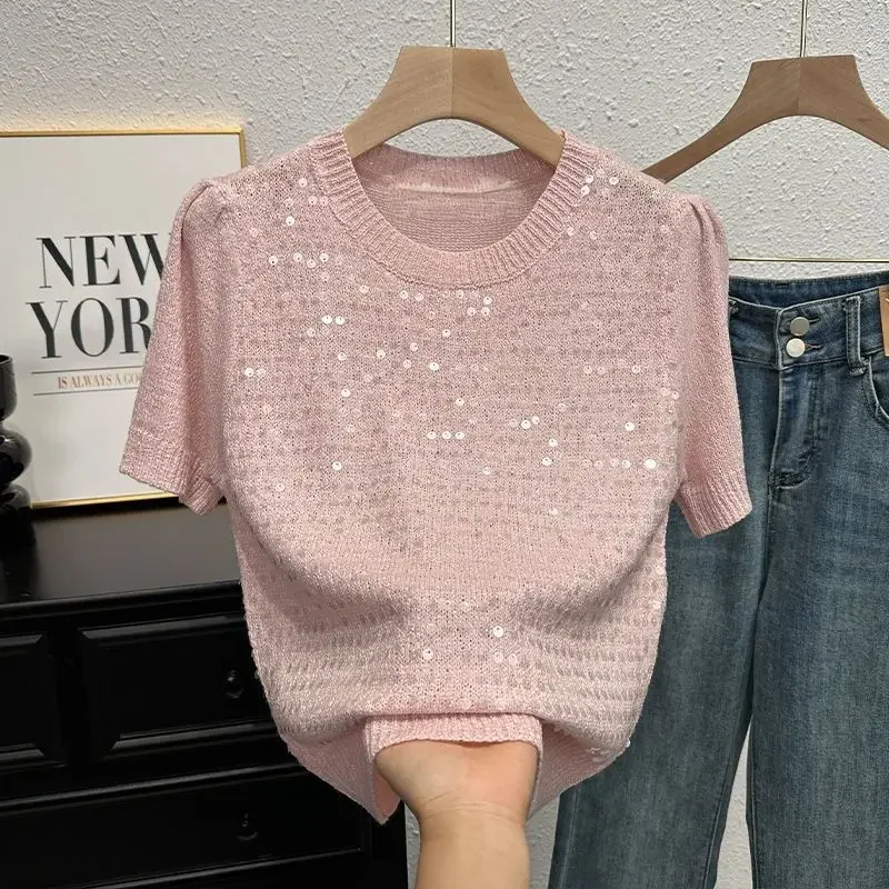 

Summer Sweater Short-sleeved T-shirt for Women Temperament and Fashionable Versatile Half-sleeved Sweater Sequin Top XQ550