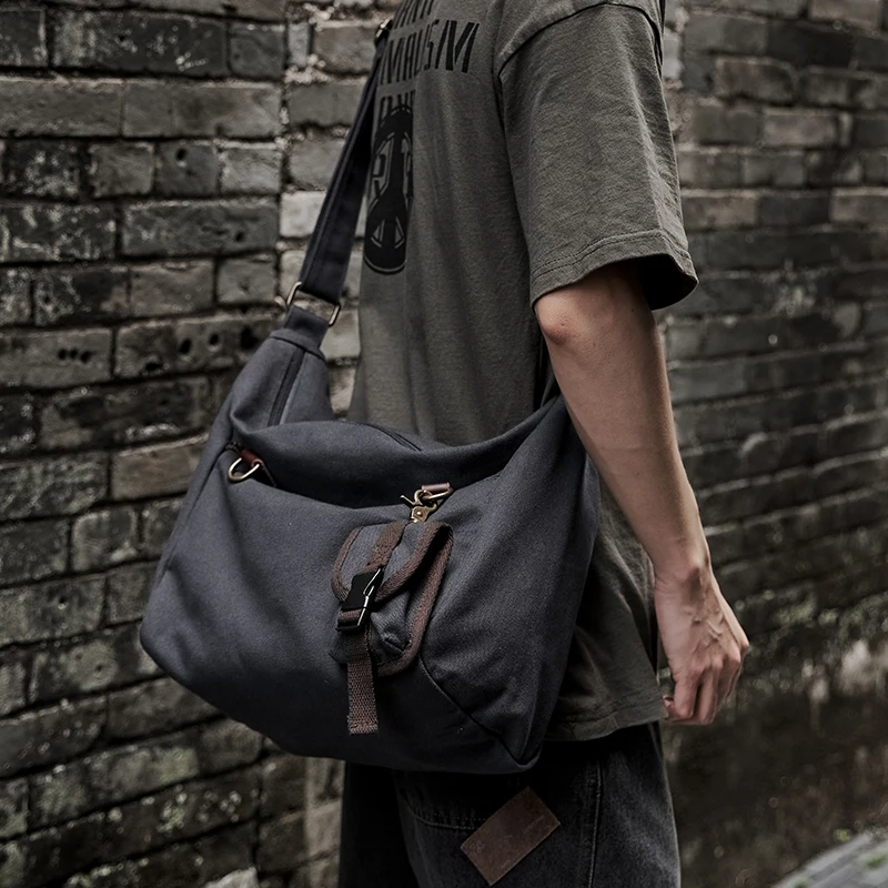 Canvas Messenger Bag for Men 14 inch Laptop Shoulder Bag with Zipper Retro Hobo Bag for Male Female