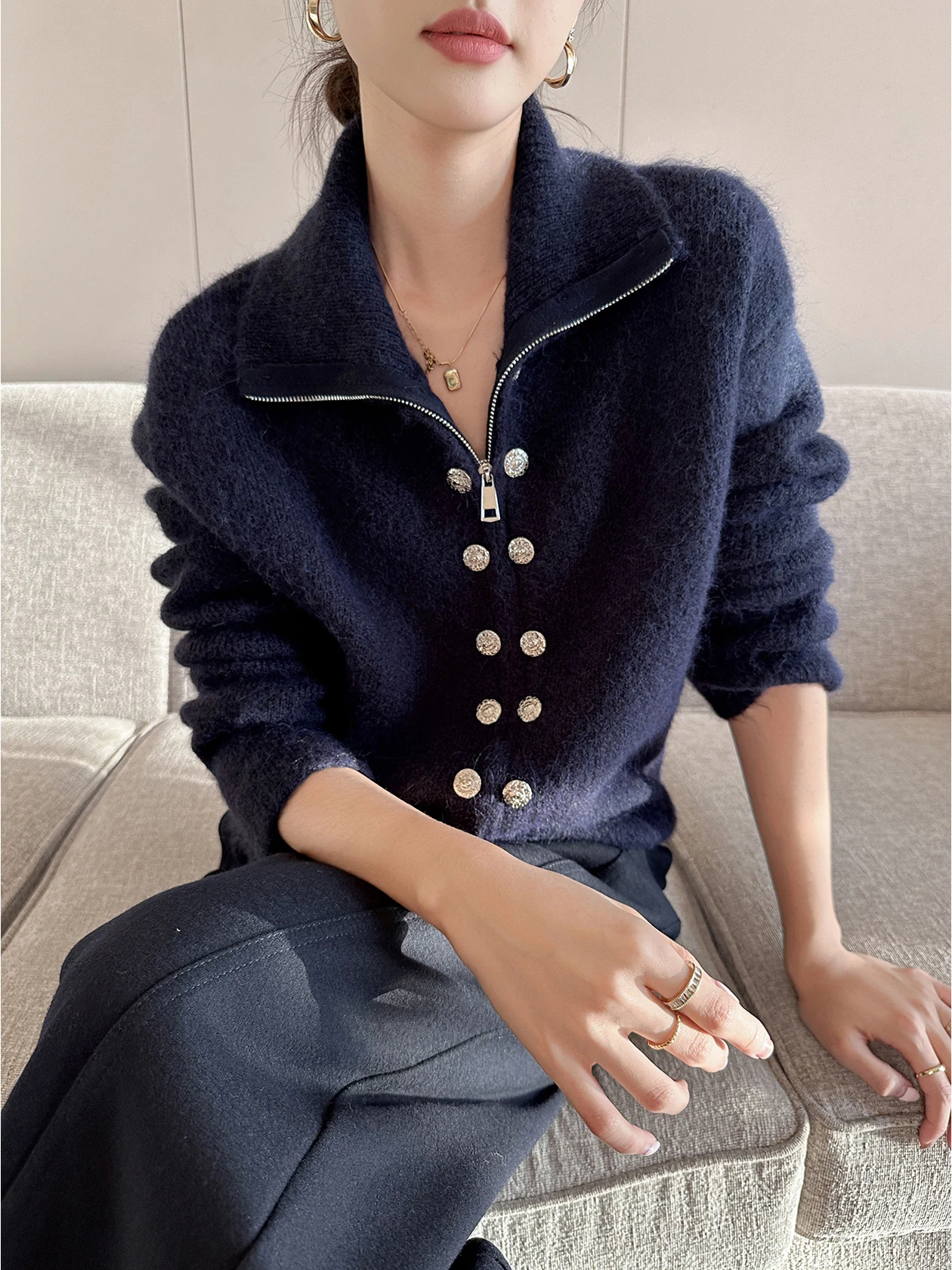 

Блакитный вязаный открытый кардиган на молнии Pin Qing, женский зимний свитер Faion Lazy Sle Jaet Thiened Long Sve, прямой крой