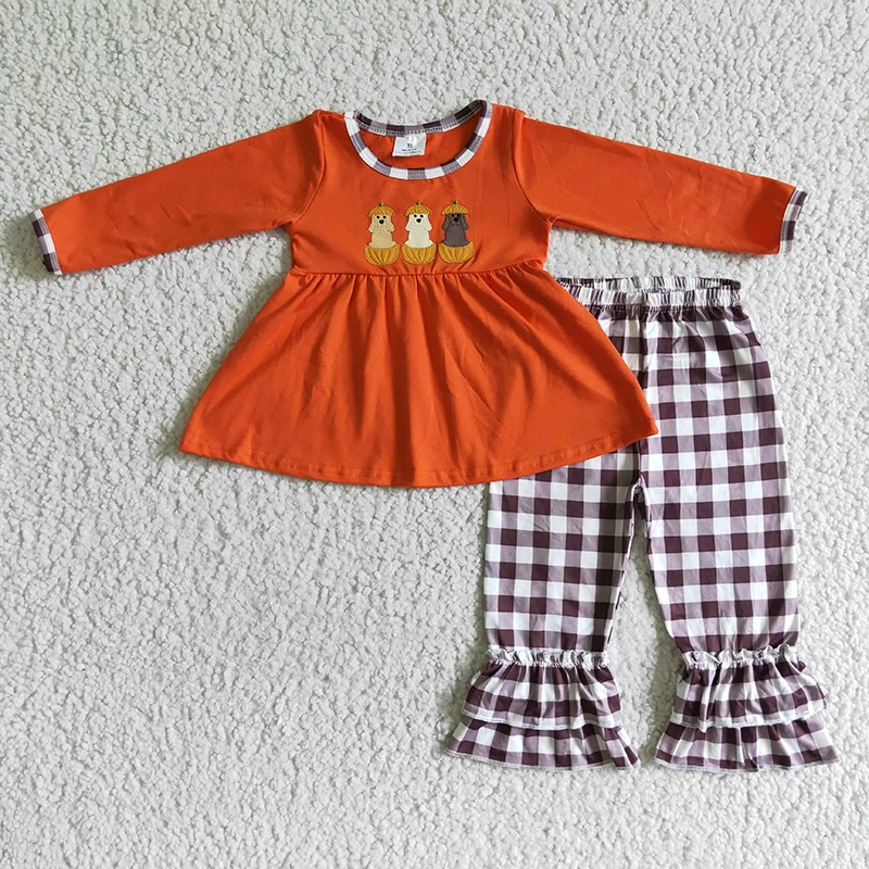 Wholesale Baby Girl Thanksgiving Embroidery Outfit Long Sleeves Dogs Pumpkins Tunic Children Kids Plaid Pants Toddler Fall Set