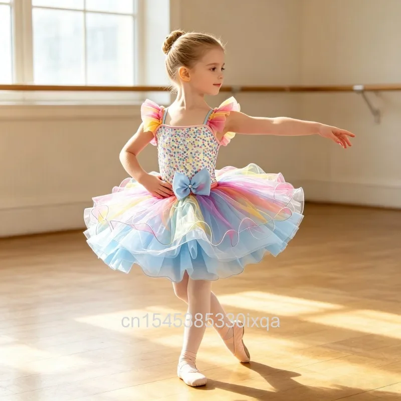 Kids Girls Rainbow Color Ballet Dress Dance Tutu Gymnastics Leotard Ballerina Children's Modern Performing Costume