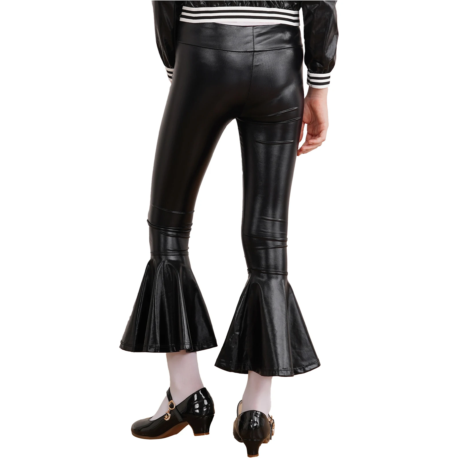 2025 New Kids Girls Shiny Metallic Flared Long Pants Jazz Dance Disco Performance Trousers High Waist Ruffle Bell-bottom Pants