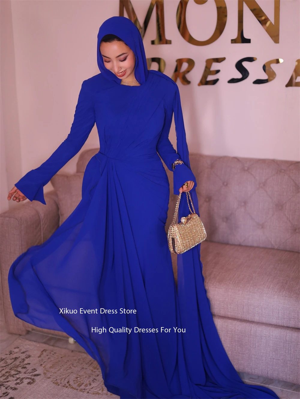 Xikuo Elegant Royal Blue Chiffon Evening Gowns O Neck Pleated Cocktail Dresses Muslim Mermaid Long Sleeves Prom Dress Customized