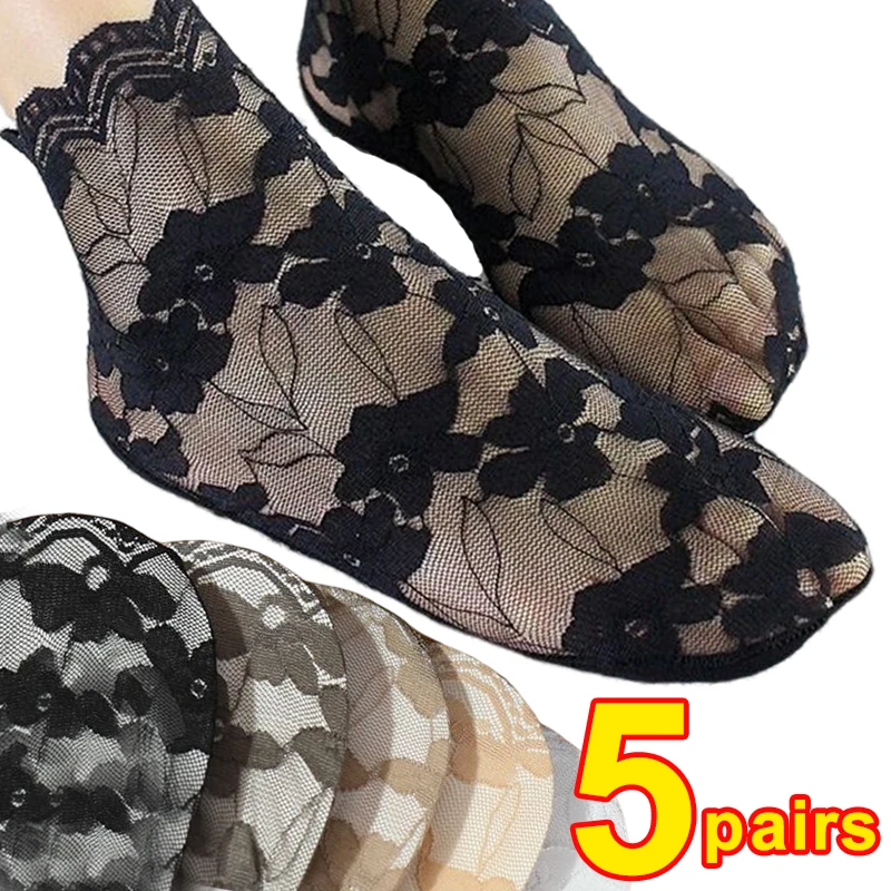 

3Pairs Invisible Lace Flower Socks Thin Ladies Mesh Boat Socks Hollow Non-slip Shallow Transparent Socks For Women Ankle Sock