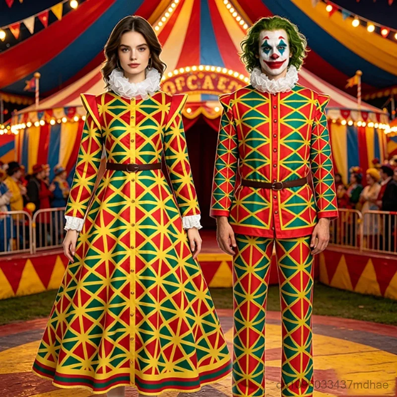 

Couple Medieval Clown Role-play Adult Circus Cosplay Costume Retro Women Long Dress Men Top Pants Masquerade Party Uniforms