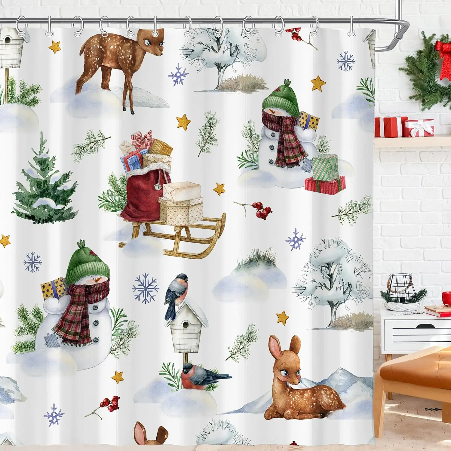 

Christmas Deer Snowman Shower Curtain Holiday Winter Theme Bathroom Decor Festive Christmas Bath Curtain Cute Animal Design