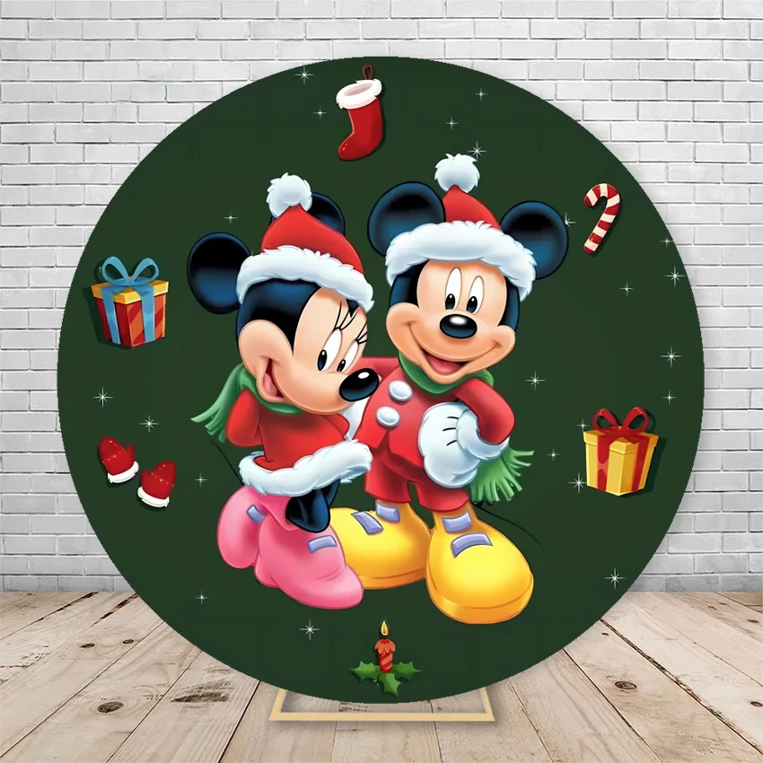 Christmas Backdrop Mickey Mouse Red Merry Christmas Round Background Cover Baby 1st Christmas Ornament Circle Backdrops Props