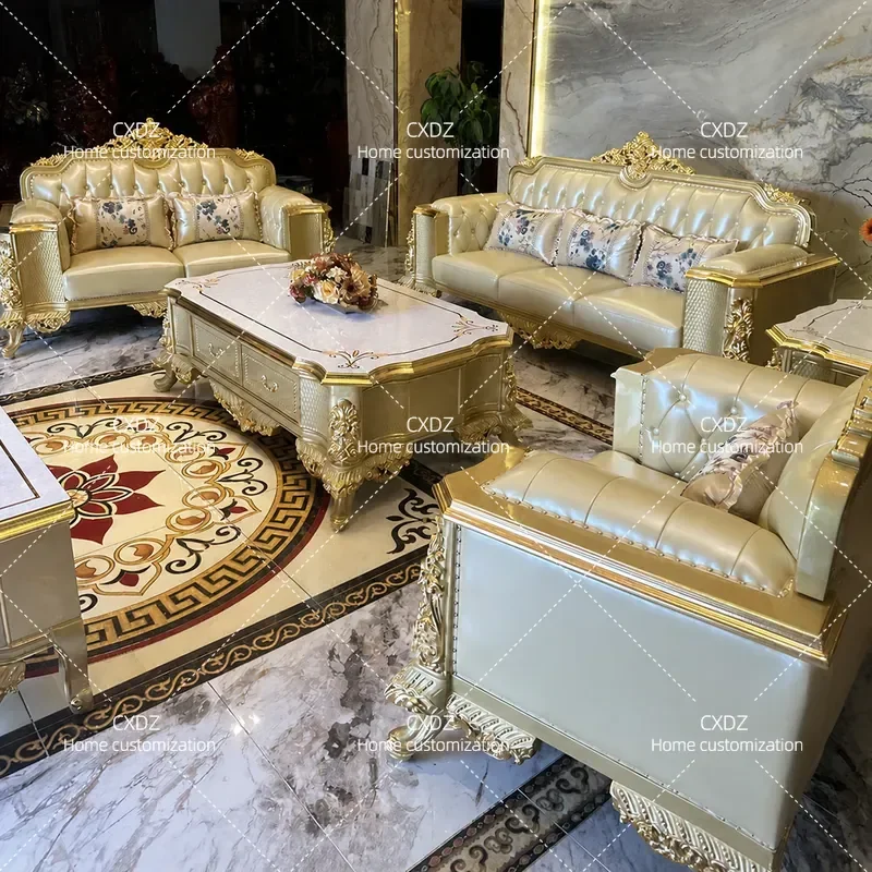 Foshan French light luxury European leather sofa combination set living room solid wood high-end sense gold fabric luxury