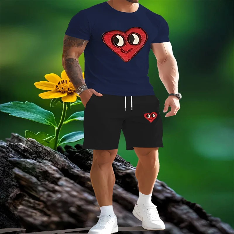 

New men's summer round neck short sleeved T-shirt shorts set, essential for travel, fashionable casual sports set, 2-piece set