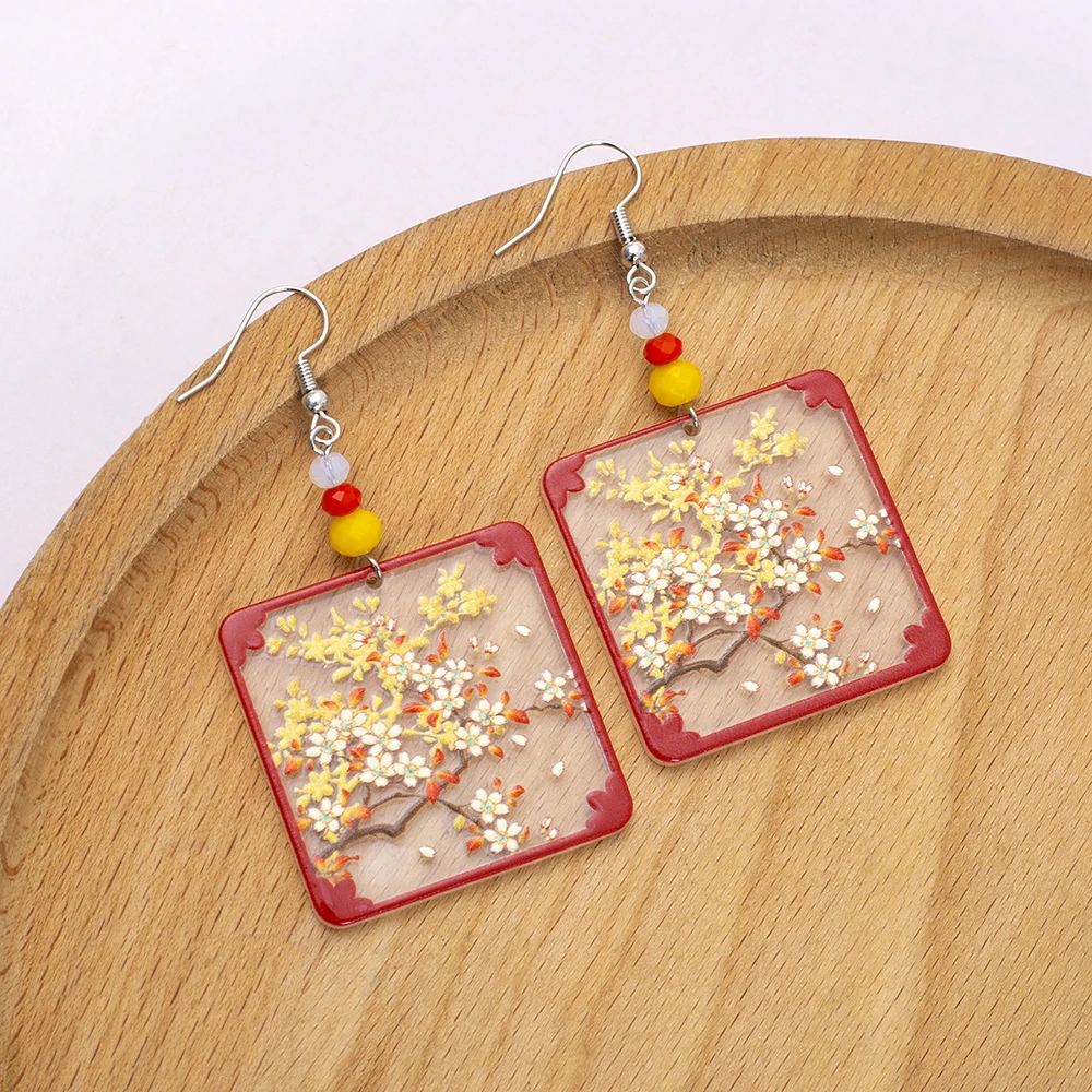 Fashion Ethnic Style Branches Flower Translucent Geometric Square Earrings Acrylic  For Women Vintage Color Matching Red Jewelry