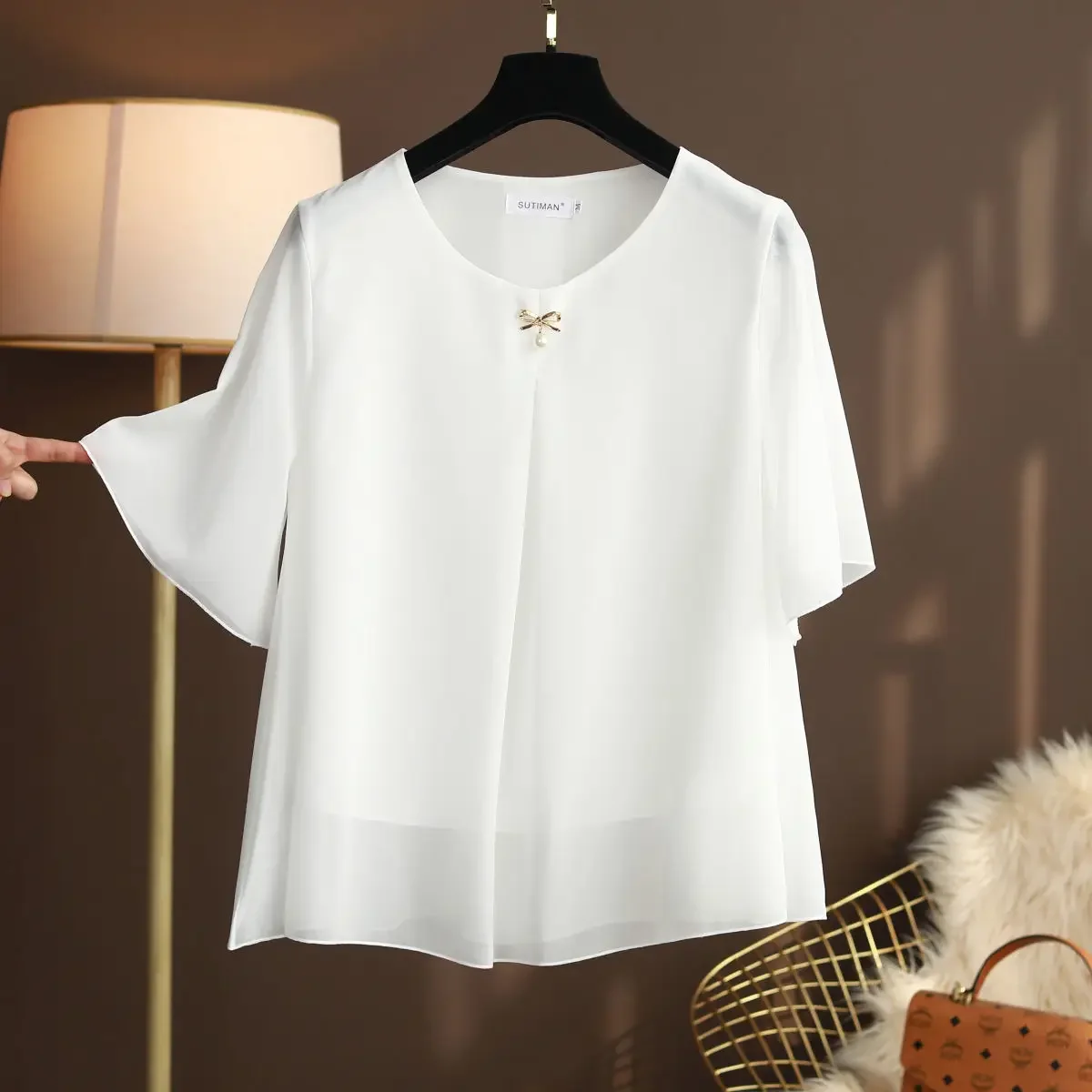 

MOYISU новая летняя женская шифоновая рубашка, летняя блузка с круглым вырезом и рукавами H, повседневная однотонная белая/красная свободная женская рубашка большого размера L-6L