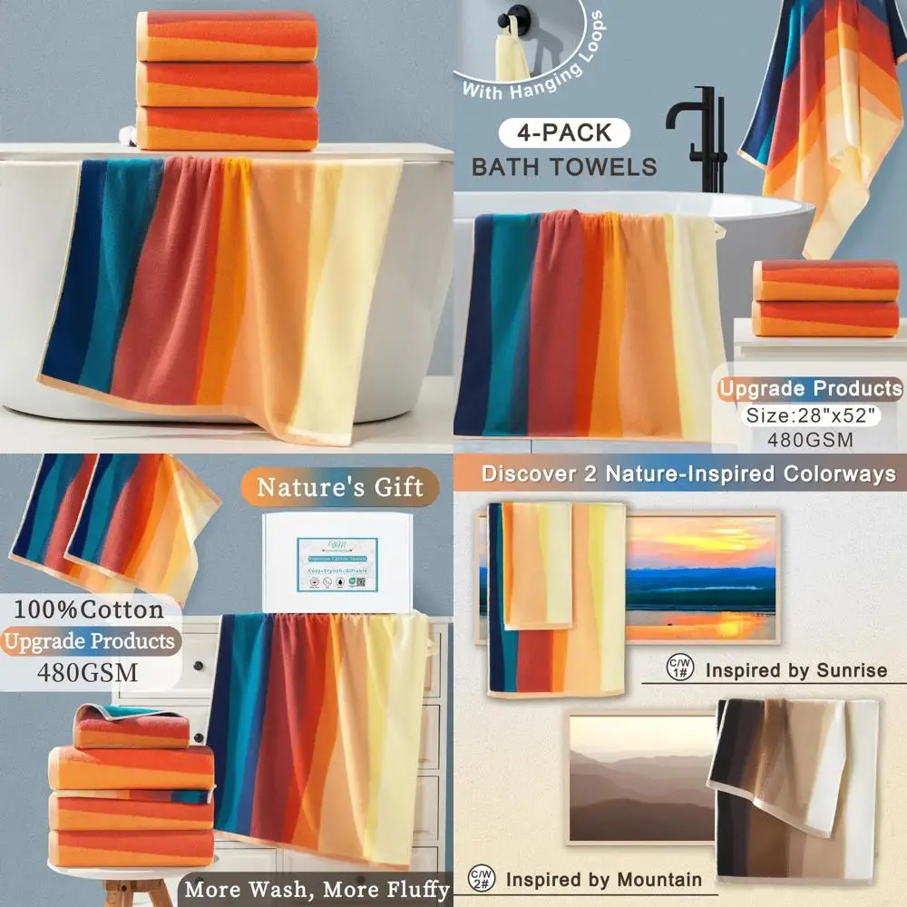 

VOOVA & MOVAS Painted Bath Towel Set (4PC, 28x52) - 100% Cotton | 480GSM | Soft | Absorbent, Bathroom Towels Decorative Set, Flu