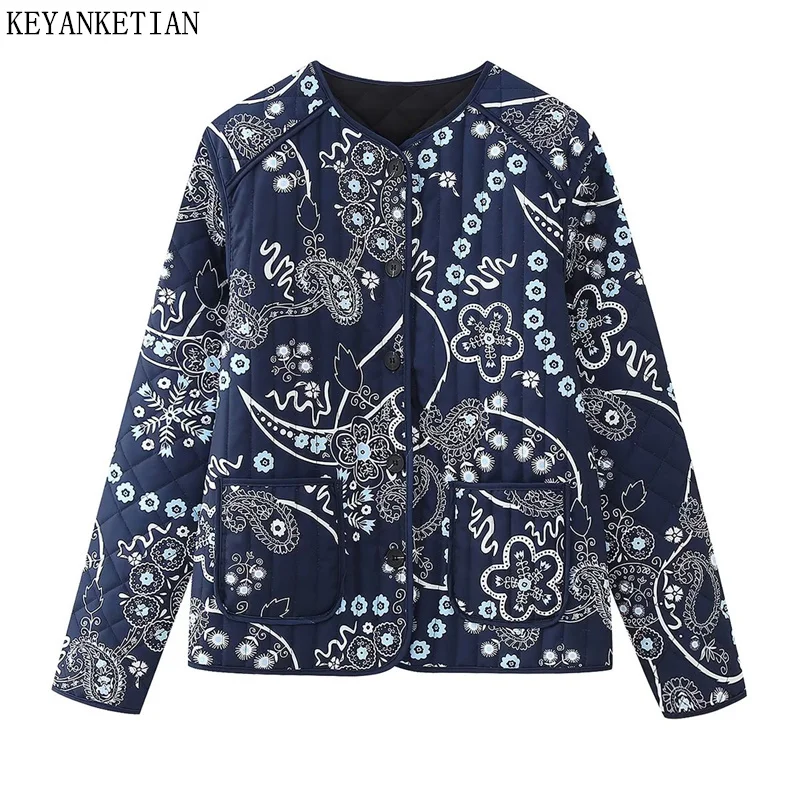 

KEYANKETIAN Autumn/Winter New National Vintage Floral Printing Women's Quilting Coat Cropped Single Breasted Loose Jacket Top