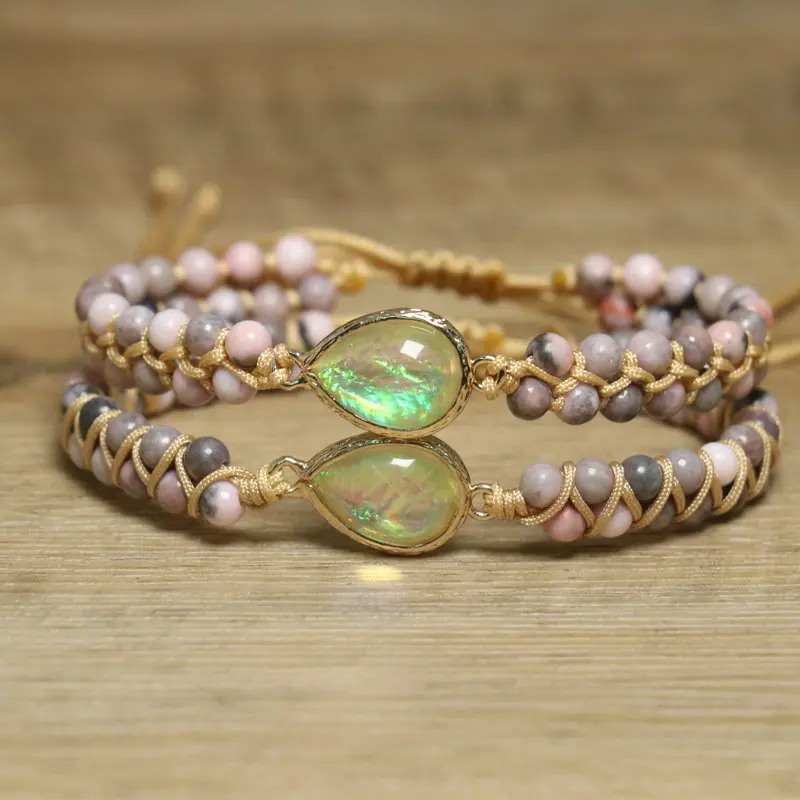 Natural Stone 4MM Pink Zebra Stone Turquois Double layer Woven Bracelet with Water Drop Exquisite Beads Women's Jewelry