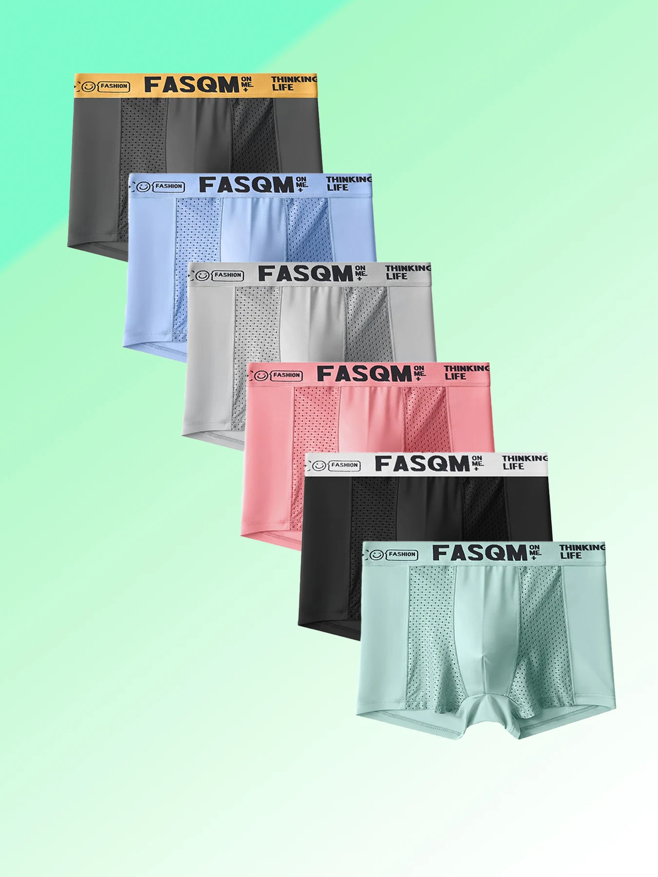 

6-Piece Men's Ice Silk Boxer Briefs Set - Breathable Mesh Panel Design with FASQM Printed Waistband Underwear