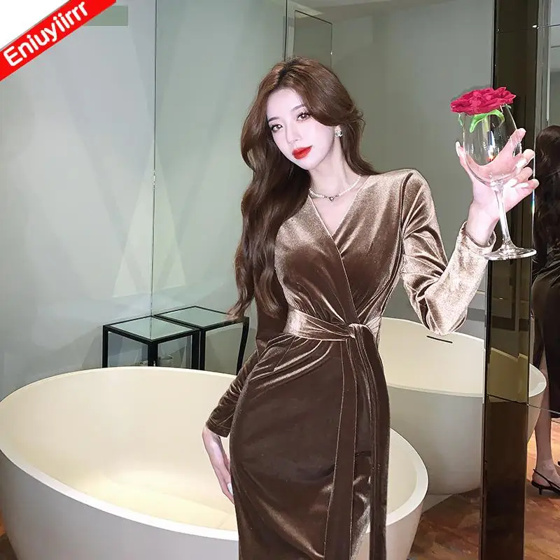 Women 2023 New Year Winter Spring Basic Wear Feminine Vestidos Lace-Up Sexy French Black Long Elegant Party Velvet Pencil Dress