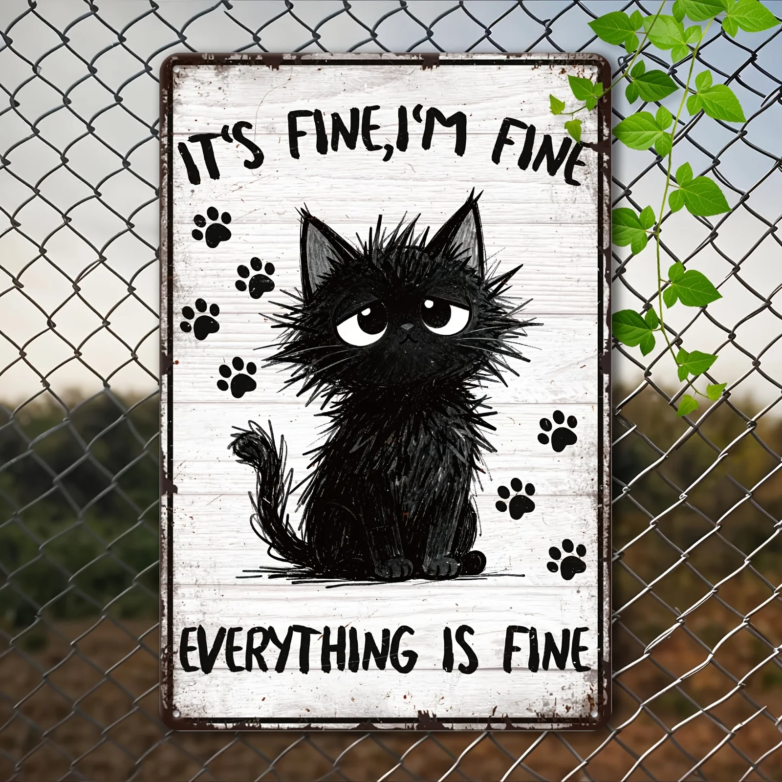 Vintage Schwarze Katze Metallschild 'Alles ist in Ordnung' 8x12 Zoll Wanddekoration für Zuhause Büro Zimmer Lustiges Retro Eisenblechschild 2D Flach
