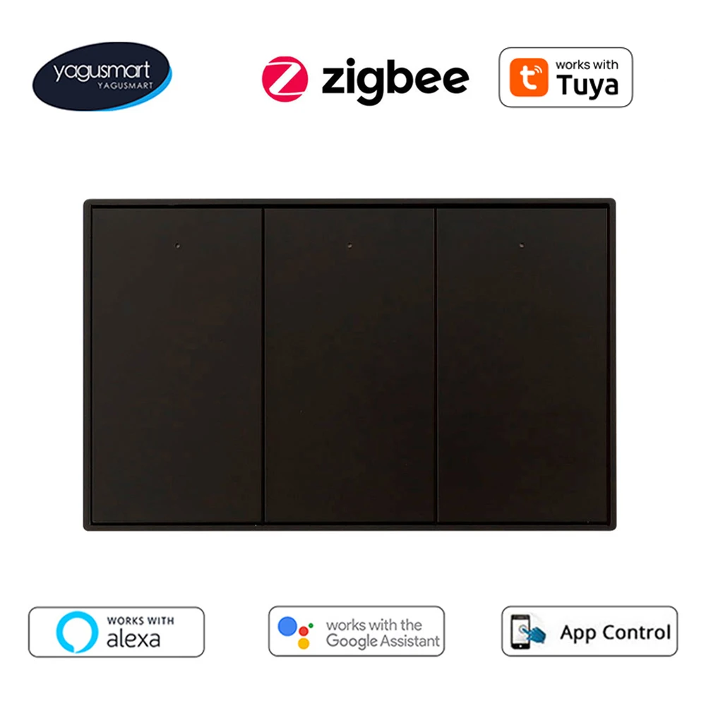 Yagusmart Zigbee Wall Light Smart Switch No Neutral 1 2 3 Gangs Black US AU Interruptor Work with Tuya Alexa Google Home