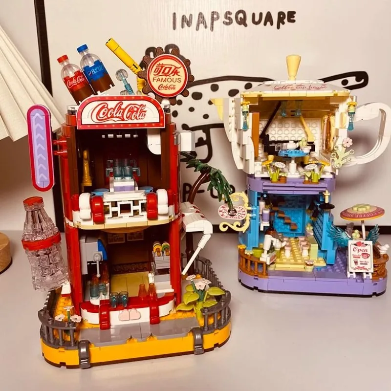 

Building Block Street View Coffee & Coke House, Small Particle Assembly Ornament, Educational Handmade Gift