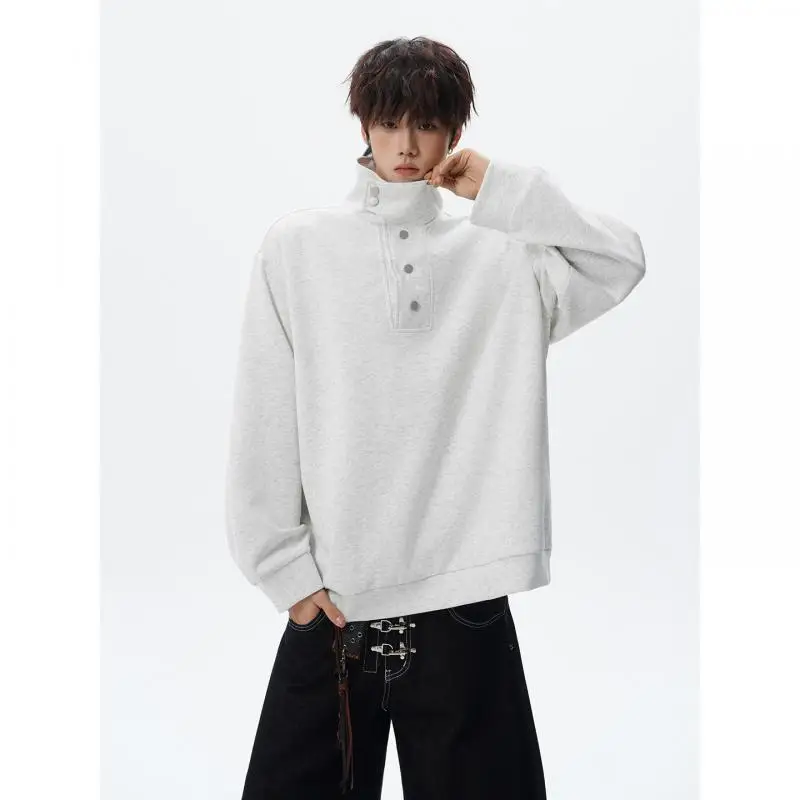 Men's Burgundy Stand Collar Henley Neck Sweatshirt Oversized Button Placket Pullover Korean Style Streetwear Top 2026 Clothings
