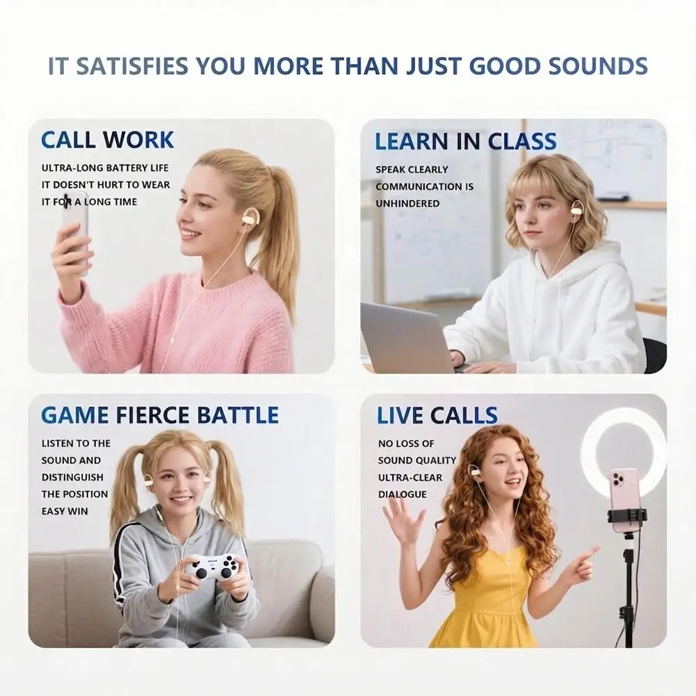 Open Ear Wired Headphones 3.5mm/Type-C In-Line Mic Stereo Earbuds For Sports Compatible With Galaxy S23/S22/S21