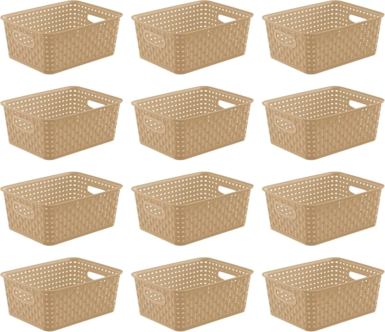 

Khaki Stackable Storage Baskets, Plastic Weave Basket Organizer and Storage Set of 12, Pantry