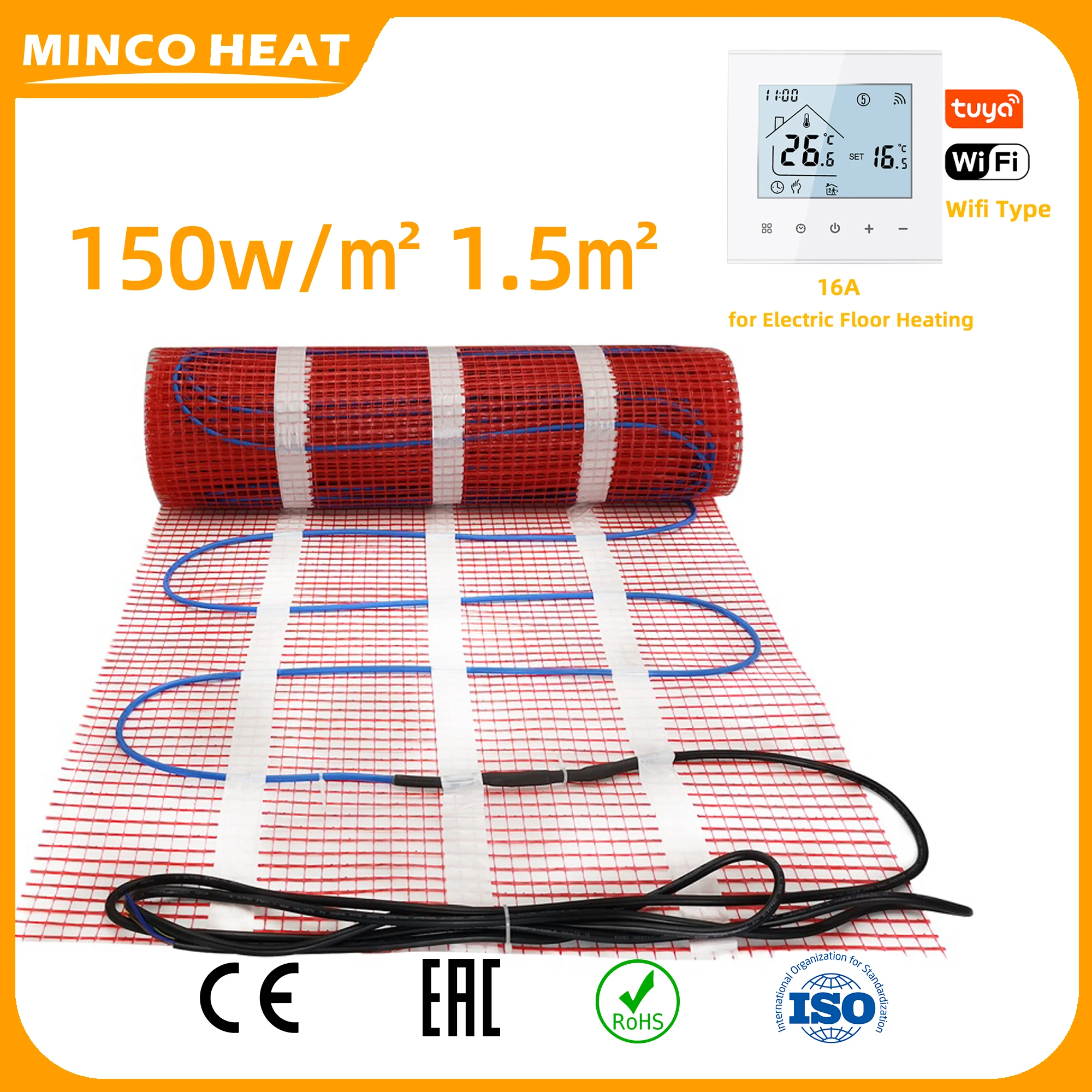 Minco Heat  150w/㎡ 1.5㎡Tile Cement Heating Floor Cable Electric Warm Mat Twin Conductor Electric Warm Strand Mat with Thermostat