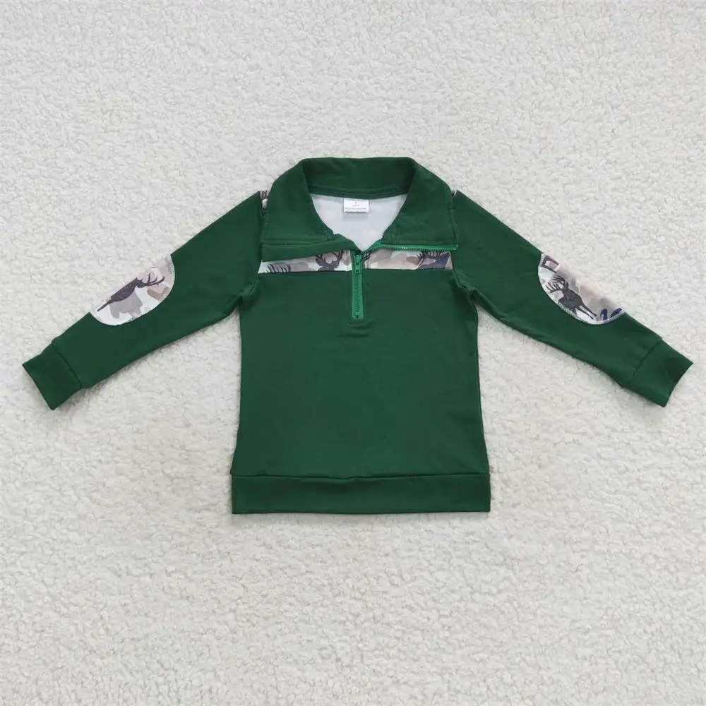 Wholesale Children Long Sleeves Tops Cotton Shirt Baby Boy Green Camo Deer turkey Tee Lapel Zipper Toddler Hunting Pullover