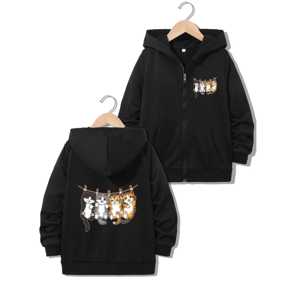 Trendy Funny Hanging Kittens Zip Up Hoodie For Kids, Cute Cat Front And Back Print Hooded Jacket, Children Daily Streetwear