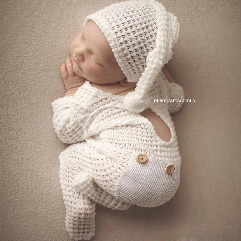 Ylsteed Neworn Footed Jumpsuit for Photo Shooting Infant Photography Outfits Newborn Buttons Pocket Romper with Pom Sleepy Hat