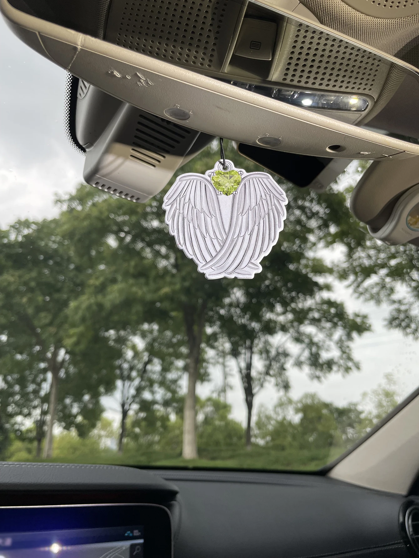 Angel Wings with Green Heart Gem Hanging Car Air Freshener Paper Scent Card, Silver Wing Art Design, Natural Plant Extract Fragr