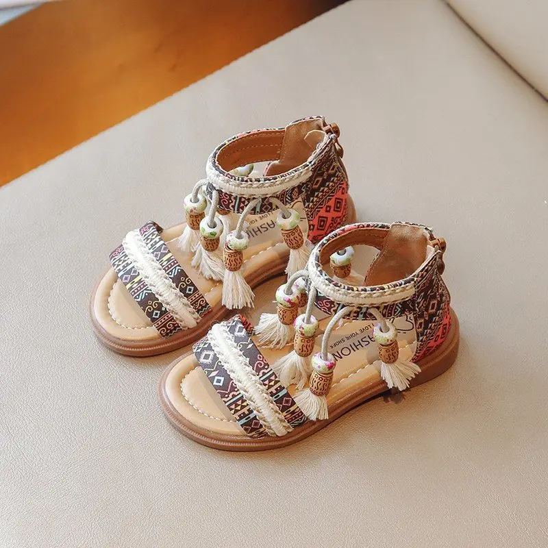 Girls Gladiator Sandals Princess Sweet Kids Beach Shoes Kids Summer Retro Ethnic Traditional Sandals with Tassels Soft Back Zip