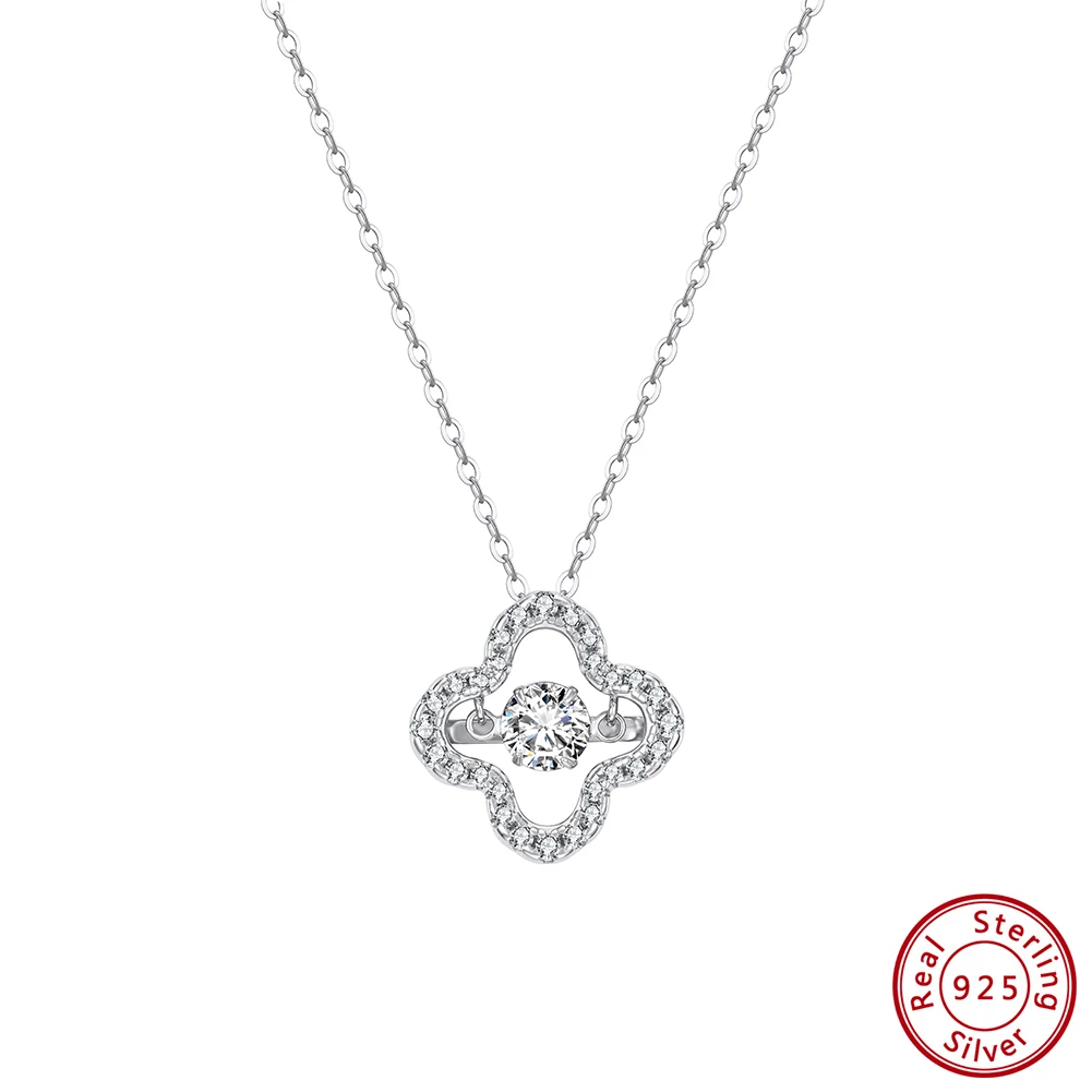 KISS MANDY Halskette mit vierblättrigem Kleeblatt aus 925er reinem Silber, D-Farbe, Moissanit, Blumen-Diamant-Anhänger, Halskette, elegantes Geschenk, SMON20
