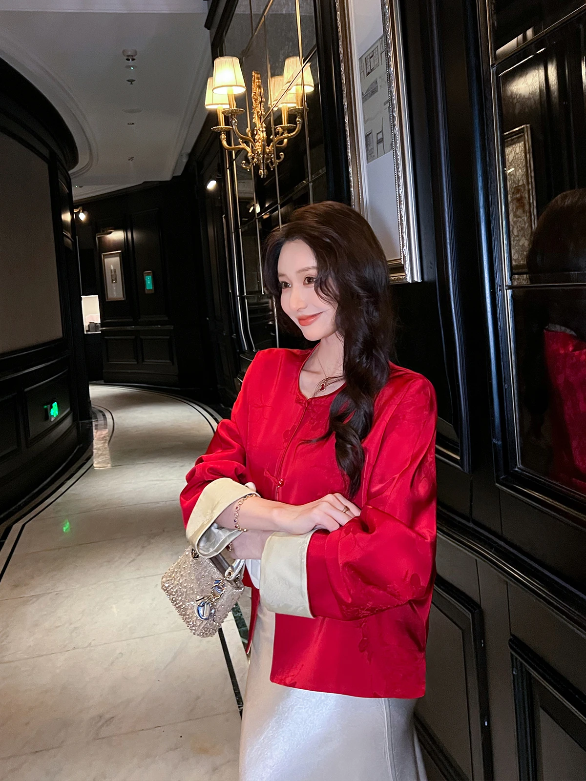 

Red New Chinese Sle Acetate Satin ort Jaet Women's Spring Autumn Loose Versatile Commute Top Deer High High Street Faion