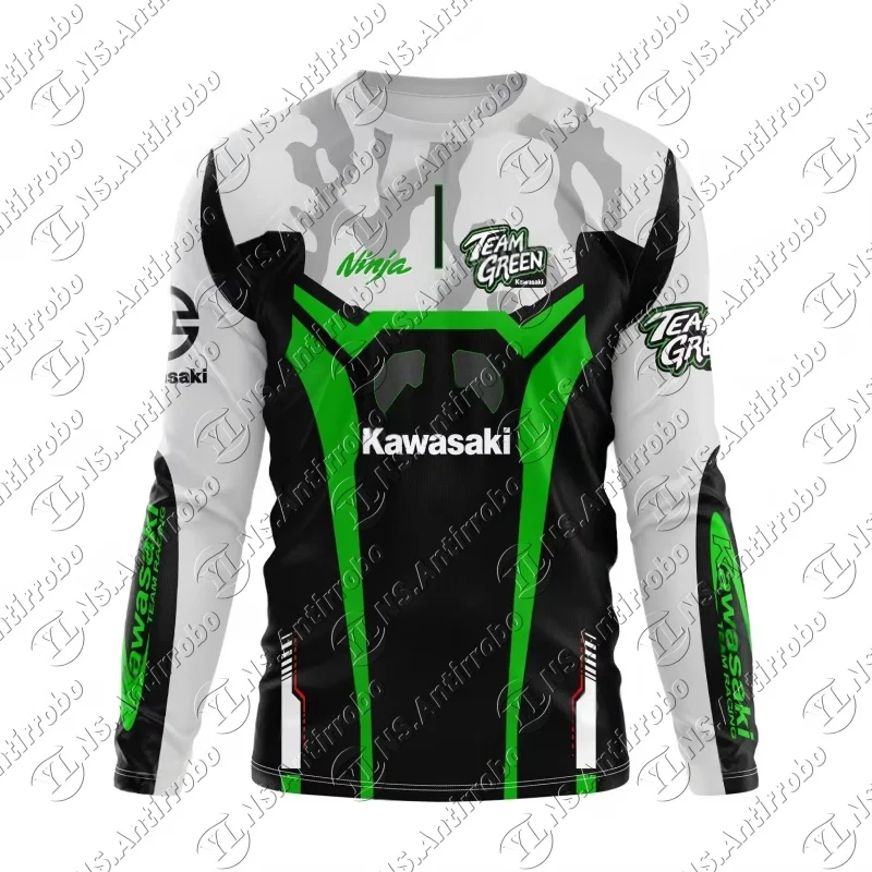 

25-26 летняя мужская и женская футболка Kawasaki Racing Team с длинными рукавами и 3D принтом, спортивные топы, быстросохнущая мотоциклетная футболка