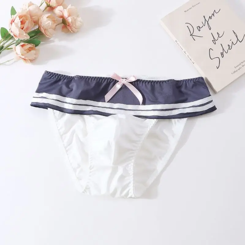 

Sexy Men Lingerie Man's Sissy Blue Hem Briefs Navy Style Breathable Soft Underwear Quick Drying Elastic Cute Bow BF Panties FKK
