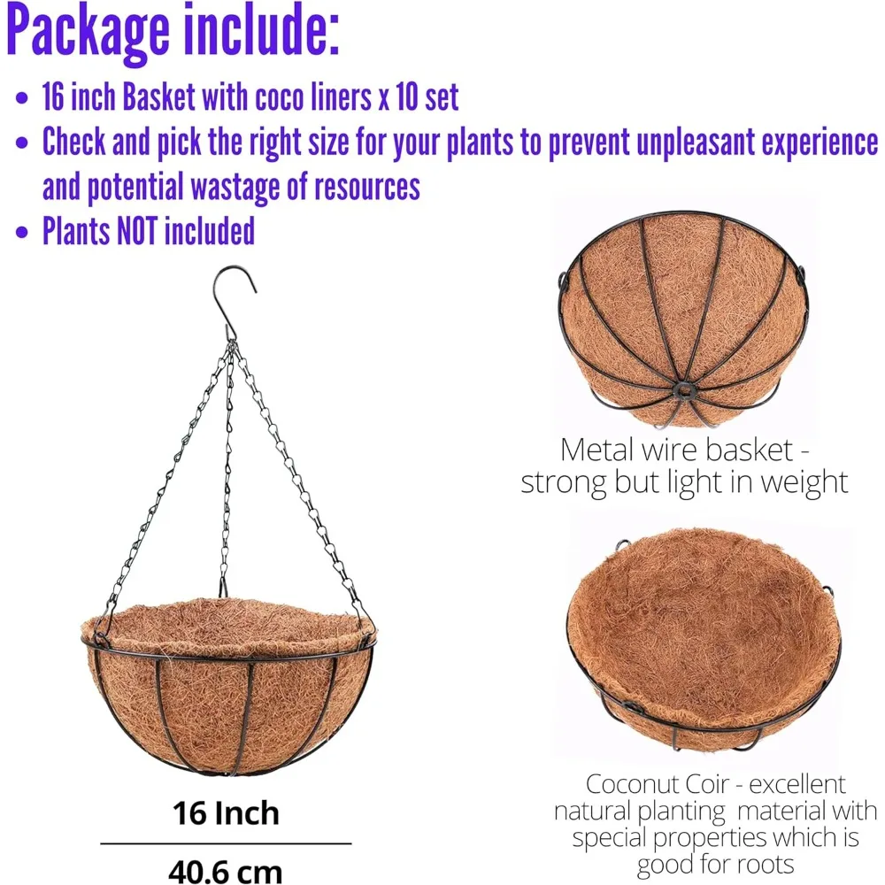 Hanging Baskets for Plants Outdoor (10 Pack, 16 Inch) Extra Large Hanging Planter with Coco Liner,Garden  Natural Country Decor