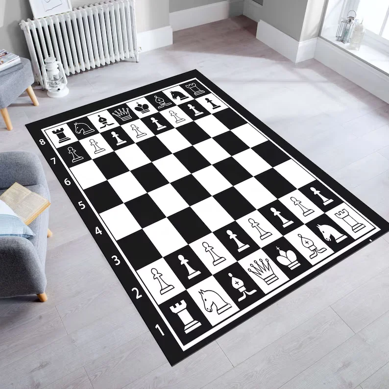 Baroque Chess Rug Black Marble Checkerboard Carpet with Living Room Gold Detail for Game Room Decor Carpets
