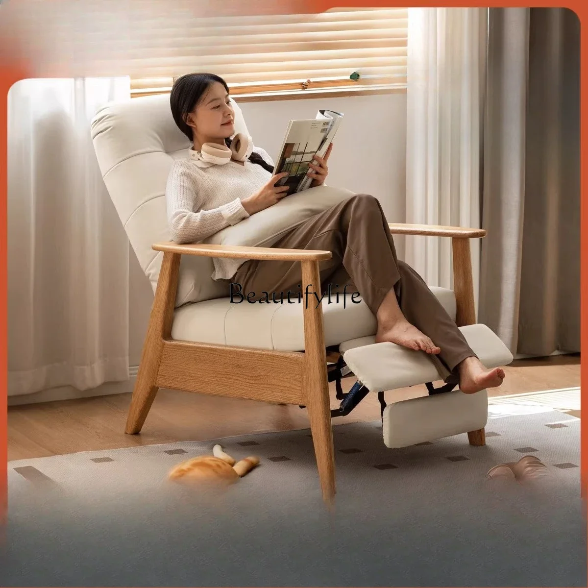 

35Solid wood sofa chair Oak simple multi-functional fabric leisure chair