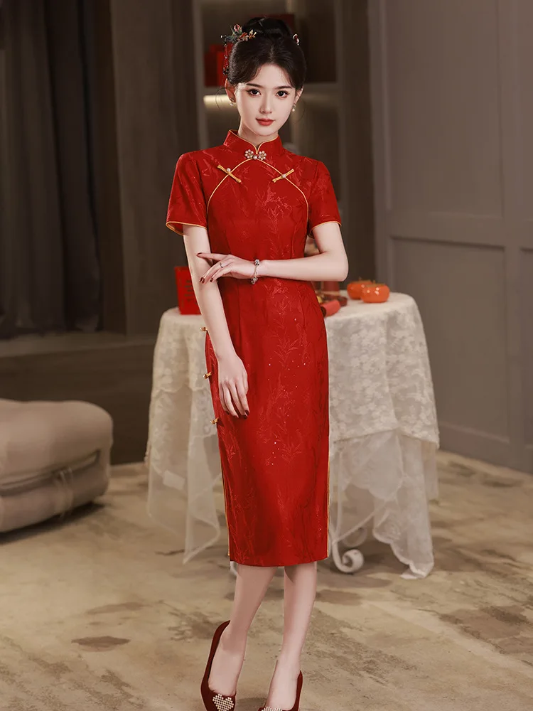 Elegant Lace Short Cheongsam Chinese Classic Women Qipao Short Sleeve Sexy Wedding Evening Party Dress Girls Daily Clothes