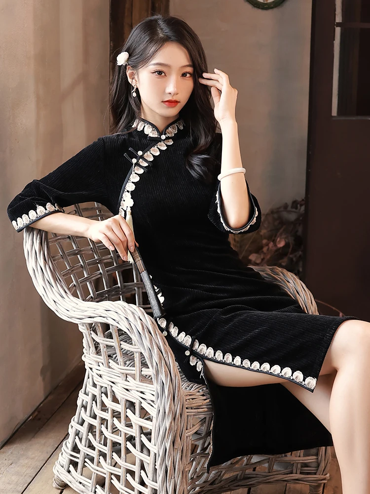 

Сексуальное облегающее миди-платье-ципао в винтажном стиле с улучшенным дизайном, повседневное, из полиэстера, с длинными рукавами и цветочным принтом