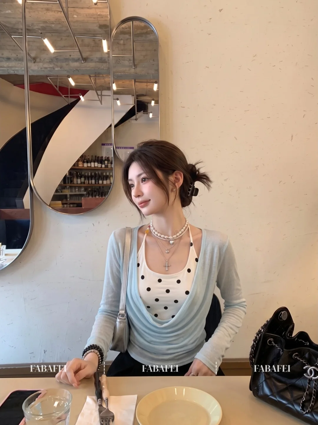 Mint Green Long Sleeve Slim Fit T-Shirt Women's Early Autumn Thin U-Neck Blouse Style Checkered Halter Top Two-Piece Set