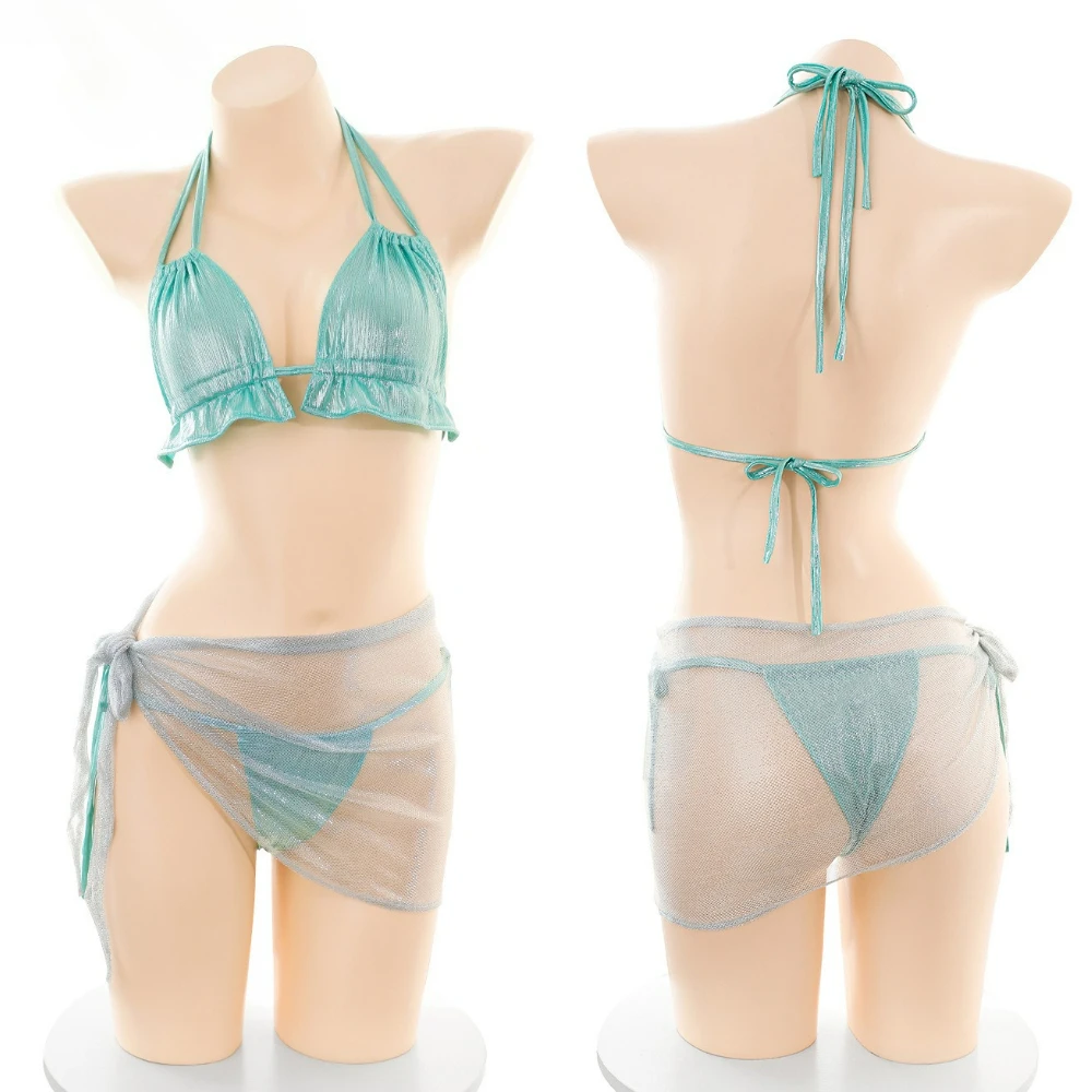

Сексуальное женское белье для девочек в стиле аниме, блестящее бикини, пляжный купальник, женское нижнее белье с тремя точками, костюмы для косплея