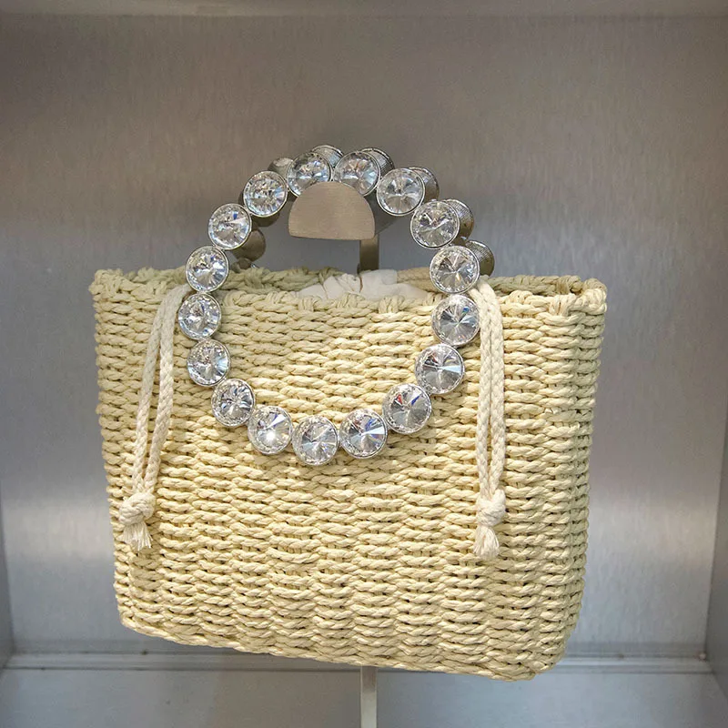 

Glam Woven Straw Shoulder Bag - Sweetheart Rhinestone Purse