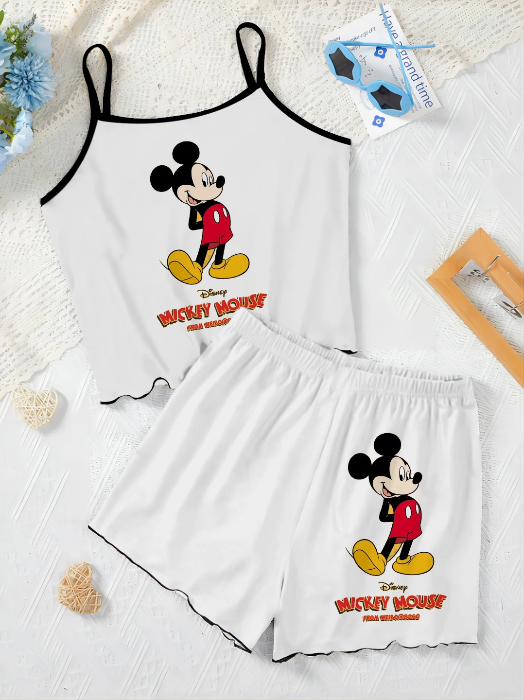 Home Dress Pajama Skirt Women\'s Suit Minnie Mouse Lettuce Trim Top T-shirt Mickey Short Sets Disney Pieces Elegant Disney Mickey