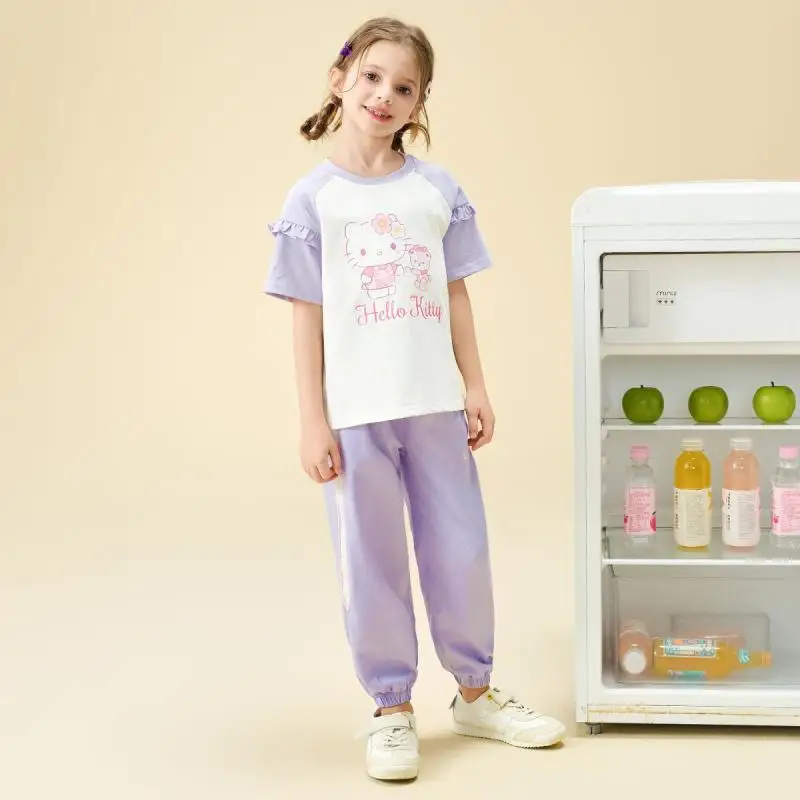 

Футболка Sanrio для девочек, 2 шт., детские штаны «Hello Kitty», новый стиль, модные летние универсальные тонкие штаны с героями мультфильмов для средних и больших детей